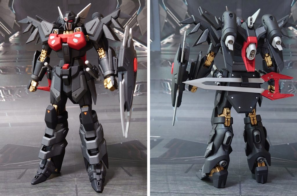 ブラックナイトスコード シヴァの前後ろ。工作は、ゲート痕処理、パーティングライン・段ズレ・ヒケの対処、面出し、腰裏の合わせ目消し、市販パーツ貼り付け・埋め込みによるディティールアップを実施。手首を30MMのオプションセットに差し替え、武器持ち手・握り手・平手を用意しました。