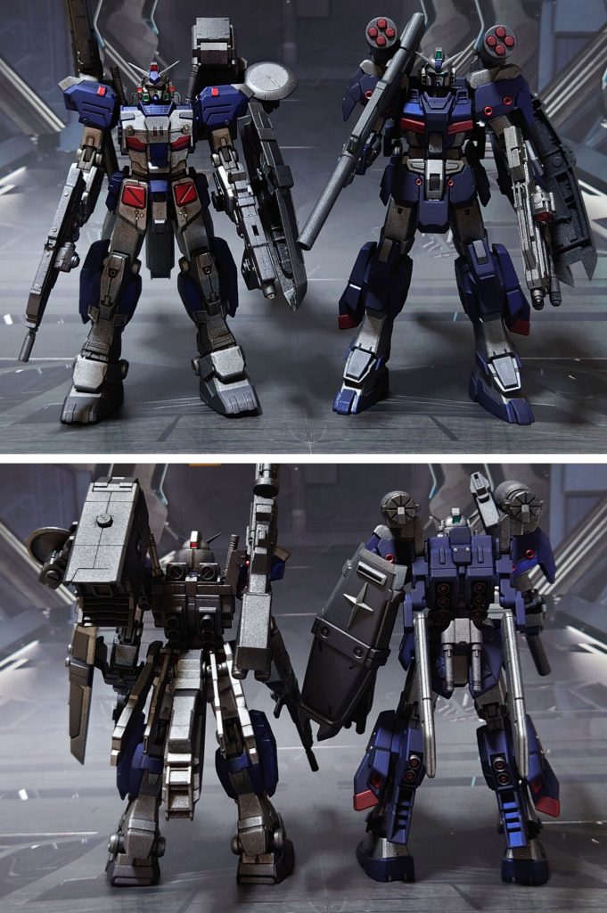 HGUCフルアーマーガンダム7号機との比較。発売時期にかなりの間があり、開発中に目指すデザインの違いからジーラインの方が背が高い(脚が長い)ようです。