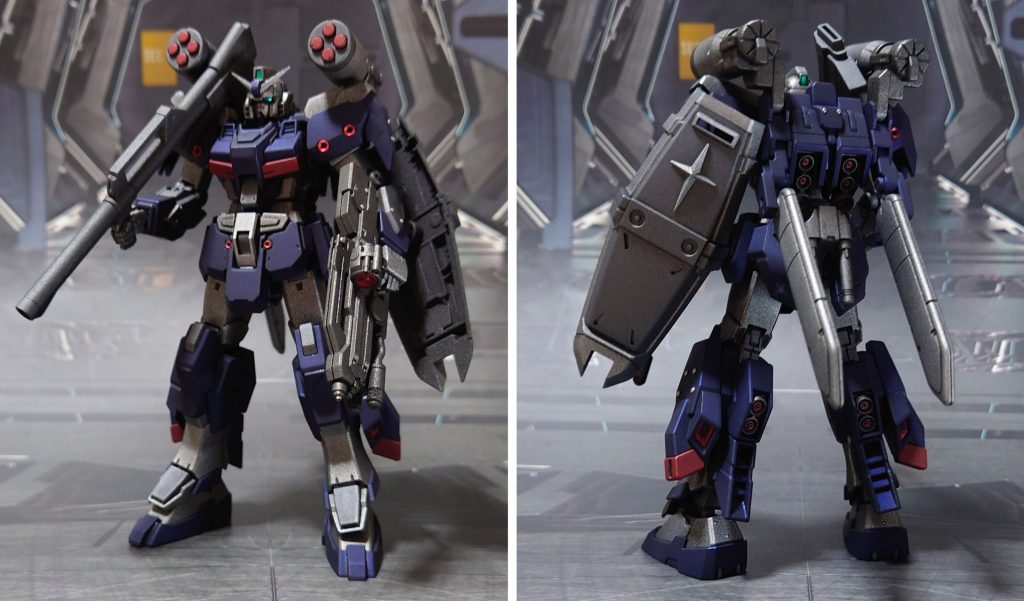 ジーライン・スタンダードアーマー(フル装備/ガンダムヘッド)前後ろ。“ガンダムの量産機なんだからガンダムヘッドを乗せたいな”と思い付き、陸戦型ガンダムの頭部を差し替えパーツとして用意しました。