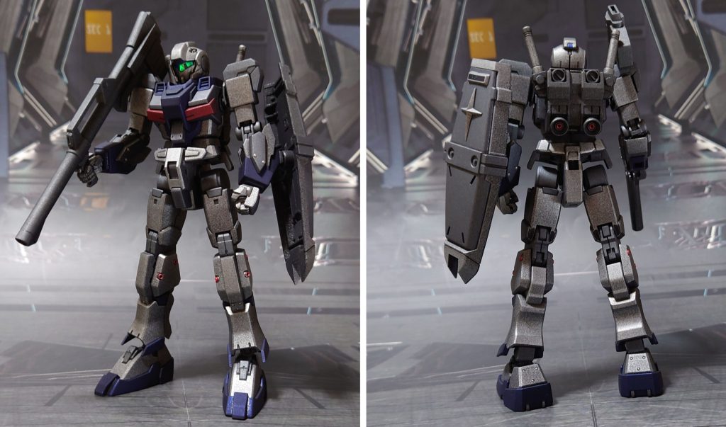 ジーライン、前後ろ。基本工作として、ゲート痕処理、パーティングライン・段ズレ・ヒケの対処、面出し、首裏・足首関節・盾裏の肉抜き穴埋め、一部パーツの合わせ目消し、エッジ尖らせ、ディティールの穴開け、市販パーツ貼り付け・埋め込みによるディティールアップ。手首はHGUCジム系に丸ごと差し替え、左右銃持ち手・サーベル持ち手・握り手・平手を用意。武器類には、HGUCジム改のバズーカを追加しました。