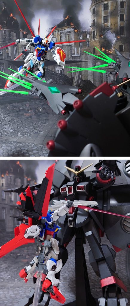 “てえぇぇぃ!”燃えるベルリンに到着した“ミネルバ”、出撃した“インパルス”。ビーム砲火を掻い潜り、ビームサーベルで“デストロイ”を一閃する。