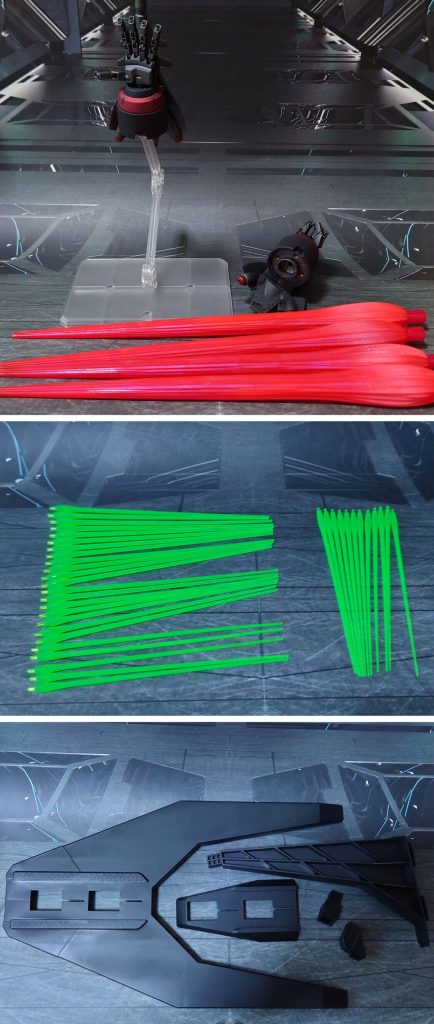 付属品一式。アクションベース7を1セット用意し、腕飛ばしに対応しました。■塗装レシピ黒:黒サフ→メタリックブラック→つや消しグレー①:黒サフ→ブライトガンメタル→つや消しグレー②:黒サフ→メタリックグレイ→つや消し銀:黒サフ→シャインシルバー→つや消し赤:黒サフ→メタリックレッド→つや消し金:黒サフ→ブラック→メタルゴールド→つや消し関節類グレー:黒サフ→ガンメタル→つや消しツインアイ周り:黒サフMS形態ツインアイ・頭部センサー:市販のシール素材→光沢MA形態ツインアイ:黒サフ→ブラック→市販のシール素材→光沢アウフプラール・ドライツェーンセンサー:裏側に市販のシール素材→表側に光沢その他クリアパーツ:内部メカ部分にガンダムマーカー・サイコフレームホログリーン→ガンダムマーカー・メッキシルバー、クリアパーツ自体に光沢ビームエフェクト:蛍光グリーンアウフプラール・ドライツェーン発射エフェクト:先端側にメタリックレッド→根元側にベースホワイト→全体に蛍光レッドその他部分塗装、墨入れ:ガンダムマーカー各種→つや消し