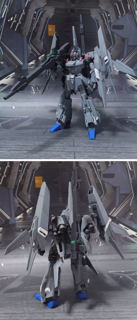 リゼル(ディフェンサーbユニット)、前後ろ。工作はゲート痕処理、エッジ尖らせ、パーティングライン・段ズレ・ヒケ対処、目立つ箇所だけ、最低限の合わせ目消しと肉抜き穴埋め、市販のプラ/金属パーツの埋め込み・貼り付けによるディティールアップ。手首は、キット付属品に加え、HGUCデルタプラスから左右握り手を追加しました。