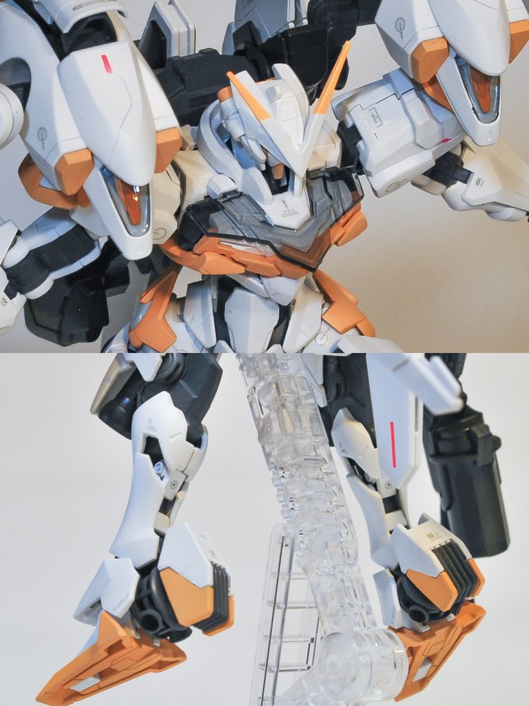 改修はそれほどしていません。シリーズで幾つかある、肩のアタッチメント部分が丸見えになっているのでプラバン形成で隠したのと、足のツマサキとカカトの間のパーツも、そのままだとTheオモチャ感なので、削ってエクゾーストを埋め込みました。脚は脛あたりで3mm延伸しています。