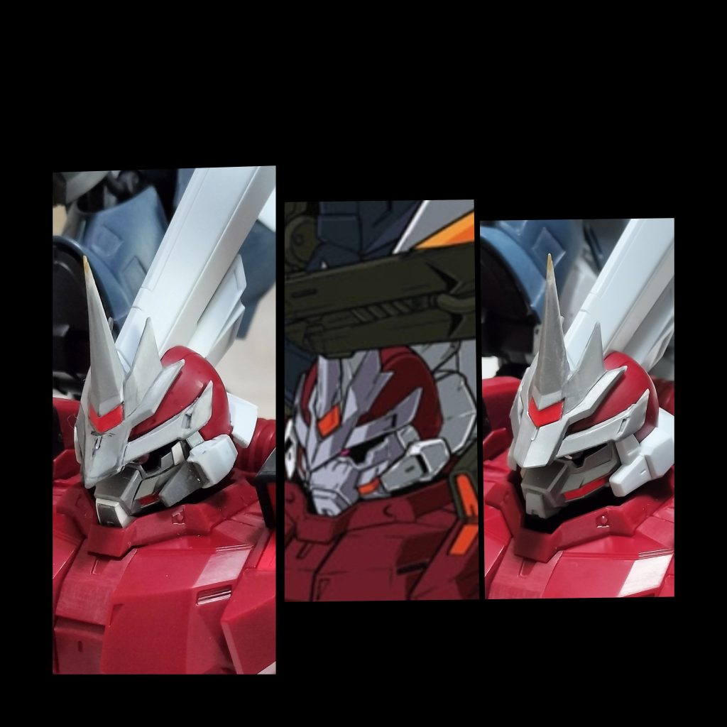 顔は設定画に寄せて改修しました。サイドダクトの開口や、前方移動、角のシャープ化、モノアイ部分のスリット拡大など。