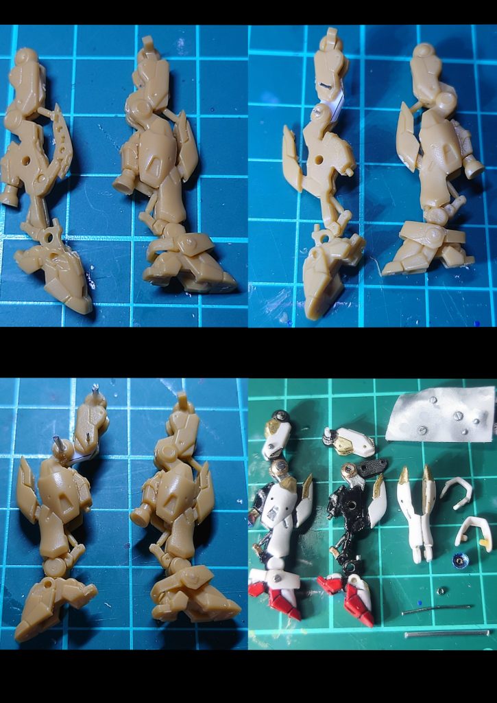 つま先を伸ばせるように加工したのと膝の関節をバード形態の時に逆に曲げれるように可動箇所を追加しました。その際軸を打ったとこが目立ったので市販の丸モールドで塞ぎました。