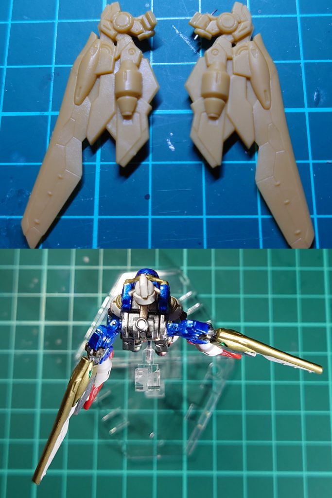バード形態にする時に羽がキットのままだとシールドに干渉したため、水平位まで動くように羽の根本の取付部を切り離して可動するようにしました。