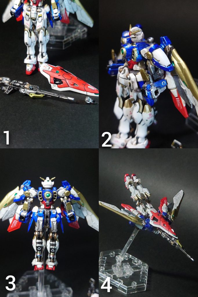 1 バスターライフルとハンドパーツ、シールドを外します。2 肩アーマーを畳んで肘を90度まで曲げ、爪を引き出します。3 頭と下半身を反転させて羽を水平にします。4 膝の関節を伸ばして上にくるように調整します。バスターライフルをシールドに接続してバックパックに開けた穴に繋いだらバード形態の完成です。