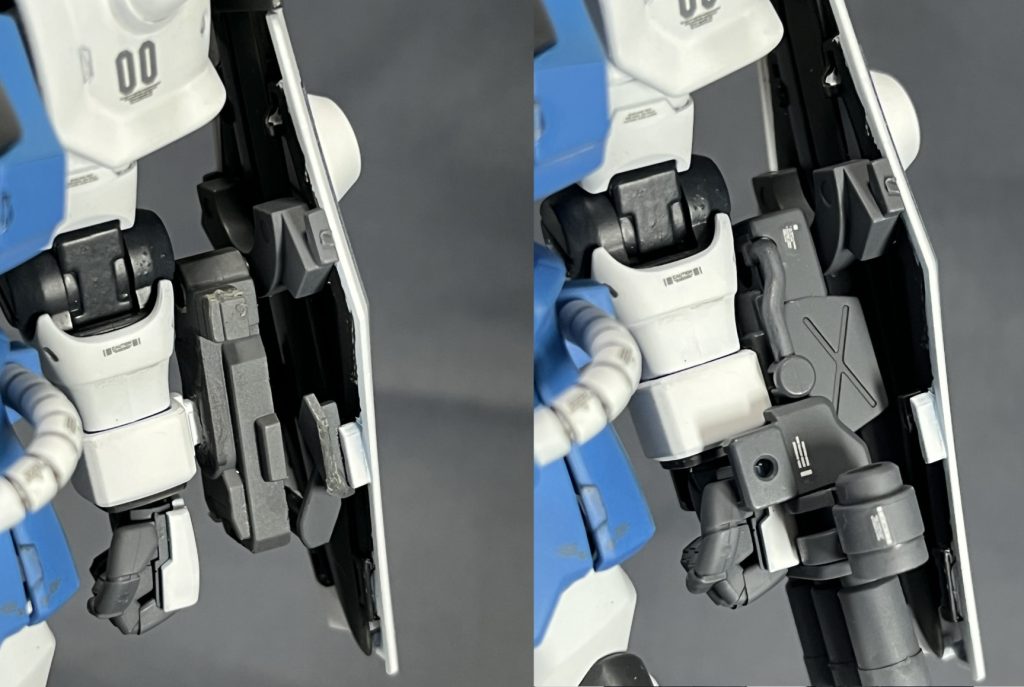 シールドは設定画では3連装ガトリングガンを装備していますが、劇中では装備しているように見えなかったのでジャンクパーツを使って武装なしの接続パーツを製作しました。オリジン系の旧ザクに使用されているシールド接続パーツを改修したものを流用しています。また、通常の3連装ガトリングガンを差し替えで装備する事も可能です。