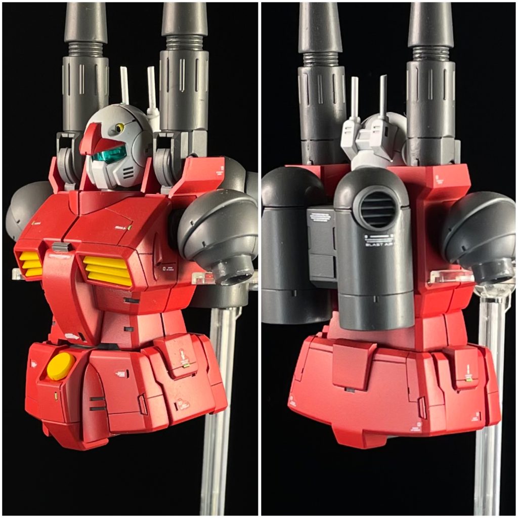 ガンキャノン 制作内容◎頭部・後部アンテナは金属器に置き換え・合わせ目は段落ち処理◎胴体・胸ダクトフィンをシャープに加工・コックピットハッチ上部に、プラ材からダミーで可動箇所を制作