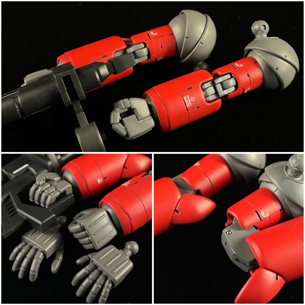 ◎腕部・肩の合わせ目を後ハメ加工・上腕で延長工作/2mm・肘フレームの蛇腹は削り落として リテイク・左の持ち手を 握り手に加工