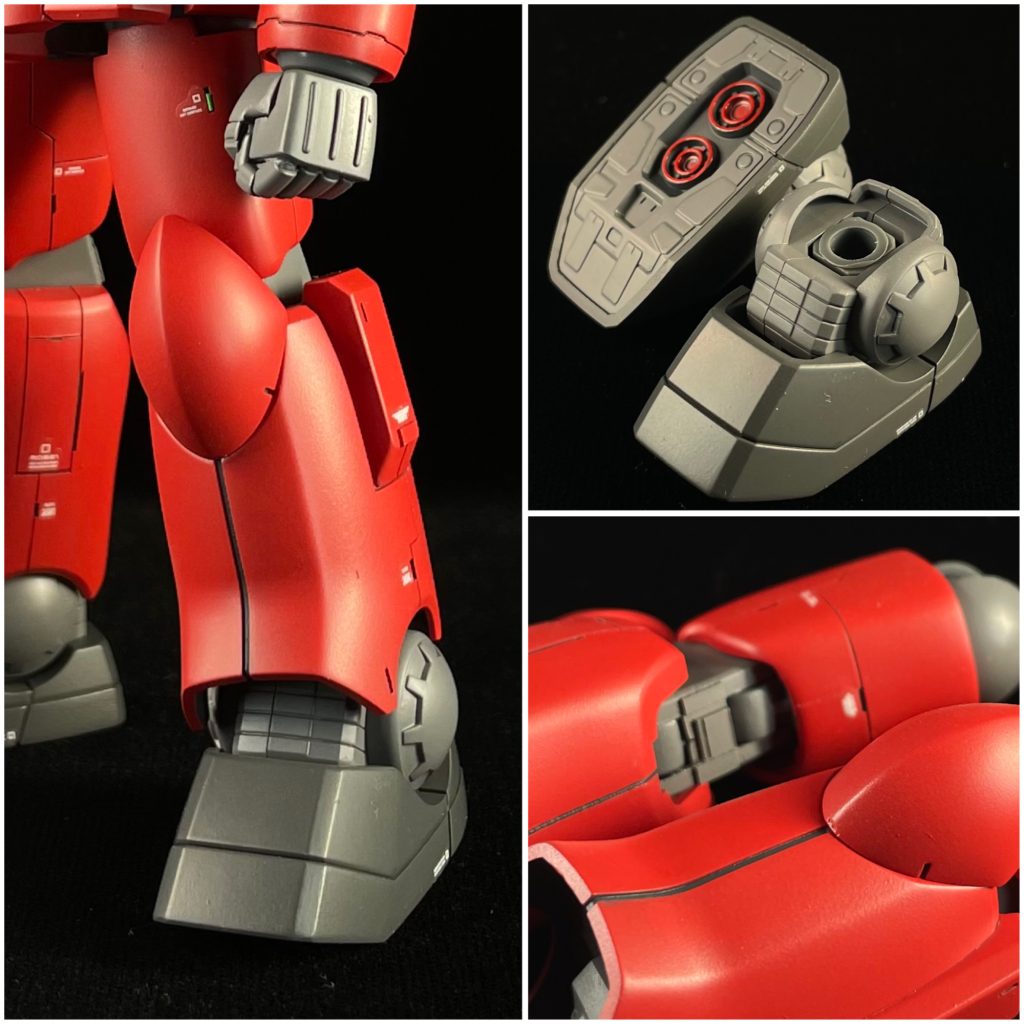 ◎脚部・太腿で延長工作/2mm・太腿で幅増し/1mm・膝フレームの蛇腹は削り落として リテイク◎他・バックパックの合わせ目処理・バーニアは薄く加工・ライフルの合わせ目処理