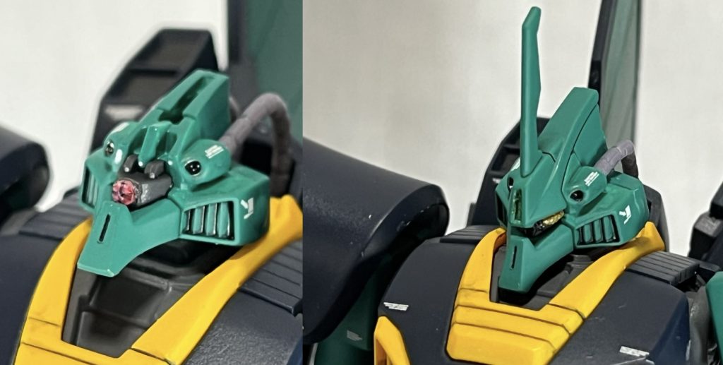 改造ポイントですが、モノアイはHアイズを使用しデザインナイフで十字の切れ込みを入れた後スミ入れして接着しています。ツインアイ版もHアイズのツインアイ用パーツを、メタリックイエローで筆塗りで製作しています。画像はありませんが、プロポーション改修もしています。首関節を真鍮線を通して0.3mmプラ板を挟み込んで延長しています。胸部も0.3mmのプラ板を接着し、差し込みを浅くする事で僅かですが延長しています。さらに股関節パーツに1.0mmプラ板を挟み込んで接着し、股関節の位置を下にずらす事で足を1.0mm延長をしています。