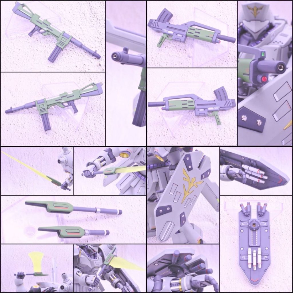 ［頭部］・合わせ目消し、スジボリ追加。・フェイスパーツの造形をコミック版のデザインに変更し、特徴的なクチバシを再現。額のエンブレムは後ハメ加工。・モノアイパーツは開口し、蛍光ピンク裏打ちのHアイズクリア1.5mmを取り付け。・頭頂部のモールドに蛍光イエロー裏打ちの自作クリアパーツを取り付け。［胸部］・スジボリ追加、パーツの分割線は段落ちモールド化。・中央ブロックにプラ板でハッチディテールを追加、蛍光イエロー裏打ちの自作クリアパーツを取り付け。・首パーツと腕部接続パーツはSSPで肉抜き穴埋め。［腰部］・スジボリ追加、プラ板でハッチディテールを追加。・フロント、リアアーマー裏の押出ピン跡にプラ板を取り付け。・サイドアーマー裏はプラ板とモールドプレートで裏打ち。［腕部］・既存モールド彫り直し。・肩に蛍光イエロー裏打ちの自作クリアパーツを取り付け。・バーニアは基部のボールジョイントを開口しHi-Qガンマズルショート1.3mm取り付け。・アポジモーターは開口しHi-Qガンマズルショート1.0mm取り付け。・ファンネル接続部中央にプラパイプ3.0mmを仕込み、クリアプラ棒2.0mmを差し込めるよう加工。・プラパイプ3.0mmの先端にHi-Qマイナスパイル3.0mmを取り付け、右腕のシールド接続穴を閉塞。［バックパック］・スジボリ追加、既存モールド彫り直し、プラ板でハッチディテール追加。・背部センサーは蛍光ピンク裏打ちのHアイズ４クリア角2.0mmを取り付け。・側面のマイナスモールドディテールを削り取って開口し、Hi-Qマイナスパイル1.0mmを取り付け。［バインダー］・スジボリ追加。・三角形の噴射口を開口し、内部にモールドプレート取り付け。・両サイドにモールドプレートと蛍光イエロー裏打ちの自作クリアパーツを取り付け。・下向きバインダーの基部パーツはSSPで肉抜き穴埋め。［脚部］・スジボリ追加、膝と裾後部の合わせ目消し、脛のシリンダーパーツは後ハメ加工。・裾の前後に蛍光イエロー裏打ちの自作クリアパーツを取り付け。・つま先の分割モールドをSSPで埋めて形状変更。・膝のアポジモータ、裾側面と足裏のバーニアにHi-Qツインパイプ1.5mm取り付け。［ビームアサルトライフル］・既存モールド彫り直し。・銃口にHi-Qツインパイプ1.5mmを取り付け。［ギラドーガ指揮官機用ビームライフル］・合わせ目消し。・銃口にHi-Qツインパイプ2.0mm取り付け。・前方センサー部分に蛍光ピンク裏打ちのHアイズクリア1.5mm、蛍光グリーン裏打ちの自作クリアパーツを取り付け。［ビームソードアックス］・既存モールド彫り直し。・伸長状態のビーム刃発生部を開口し、サーベルを取り付け可能に。［ファンネル］・銃口にHi-Qガンマズルショート1.0mm取り付け・展開時のカバー付け根補強部分を削り取り、下部の三角形モールドも切り取り。・展開時の噴射口にプラパイプ3.0mmを仕込み、クリアプラ棒2.0mmを差し込めるよう加工。［シールド］・スジボリ追加、既存モールド彫り直し。・プラ板で追加装甲ディテールを追加し、丸モールドの位置で開口してHi-Qマイナスパイル2.0mm取り付け。・グレネード弾頭はプラパイプ3.0mmで大型化。・腕部接続パーツは下側接続ピンを切り取り、Hi-Qマイナスパイル3.0mm取り付け。［塗装］・本体、シールド表：ガルグレー・内部フレーム：グレーバイオレット・動力パイプ：調色グレー（ニュートラルグレー、パープル）・エンブレム、バーニア内部：スターブライトブラス・シリンダー：スターブライトシルバー、スターブライトブラス・ライフル、ビームソードアックス：調色グリーン（ルマングリーン、RLM82ライトグリーン）、ファントムグレー、MSグレージオン系、スターブライトシルバー・シールド裏：MSグレージオン系・ファンネル：銃口側はファントムグレー、噴射口側はMSグレージオン系・ファンネル用クリア棒:蛍光ブルー・トップコート:スーパースムースクリア、スーパークリアーⅢ［デカール］・ガンダムデカール、クラウドイレブン、ベルテクス等のデカールをアクセント程度に使用。