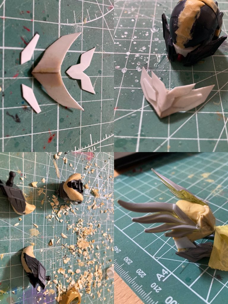 仮面パーツはガンダムエピオンの搭乗者であるミリアルド・ピースクラフトがゼクス・マーキス時代に装着していたマスクを思わせるデザインで、形状は少しアレンジしてプラ板を切り出し、ちょうどいい大きさに調整して取り付けました。