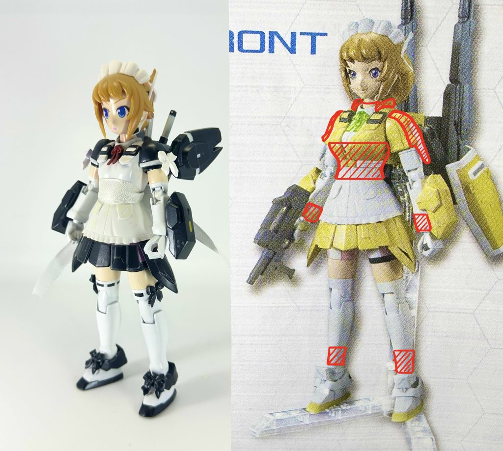 工程は写真撮ってないのでどの辺を改造したかだけ書いときます。とにかく手足と胴体を短くして身長を縮めて、イカツイ肩を一回り削って女の子らしいプロポーションを目指しました。(画像右の赤部分が削ったところ)小型化なので胸部装甲も慎ましい感じに。