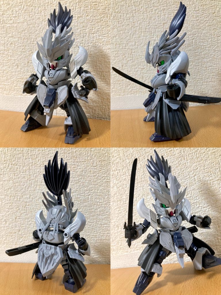 通常版信長エピオンが基盤デザインではあるものの、特徴的な頭部をはじめ仮面や肩の形状や胴体、腰回りなど元々のキット形状と異なる箇所が非常に多く、各パーツ制作には結構難儀しました。元の信長そのままで使えた共通箇所は全体の半分程度な印象です。厳密な劇中デザインの完全再現はかなり大変な作業に思われたので、細部形状は雰囲気優先で、全体的にそれっぽく似せられるよう意識して作りました。