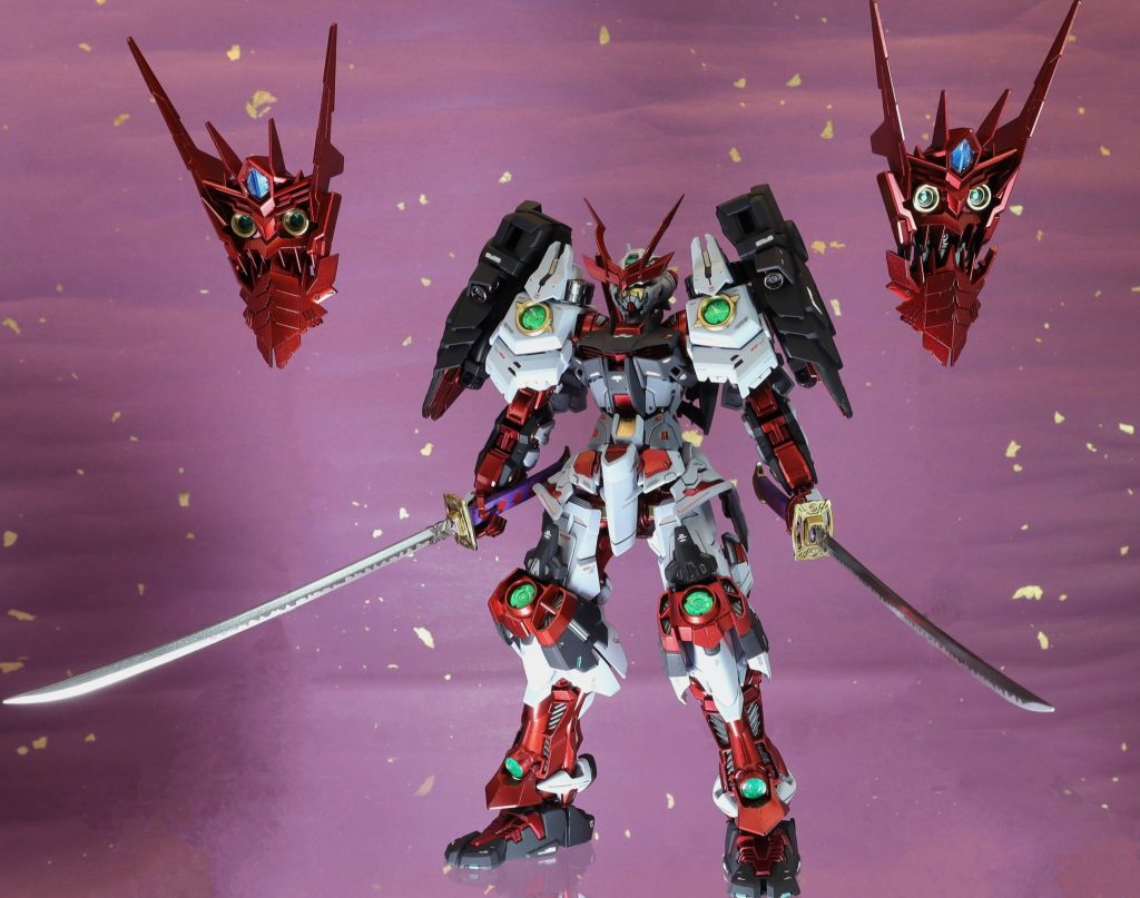 戦国アストレイ頑駄無のデザインがとても良いので、腰と太もものミキシングのみ行いました❗塗装については、劇中の戦国アストレイ頑駄無の重厚感のあるワインレッドを目指して塗装👍