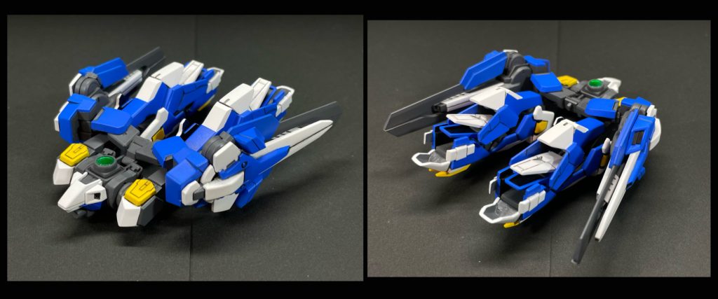 型式番号:GNF-005    アサルトフィンガーパック搭載武装⚪︎GNアームナックル⚪︎GNヴェスバー(VSBR)⚪︎GNIフィールド発生器高速格闘戦-インファイト-能力を極限まで高めるパック。モチーフ機体は「F91」、「V2」、「ゴッド」の3機。本パックにも太陽炉が一基搭載されており、「GNF-004 ドラグーンバーストパック」と同様に自律行動が可能である。