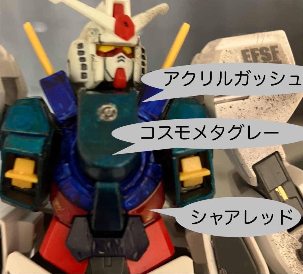 塗装に使った道具はコチラです。胸部の中心はアクリルガッシュの青を使い、腕の付け根部は「コスモメタブルー」(画像の名前が間違ってる…)でペン塗り、お腹の1段目はシャアレッドで筆塗りをしています。足の写真撮るの忘れてました。🙇