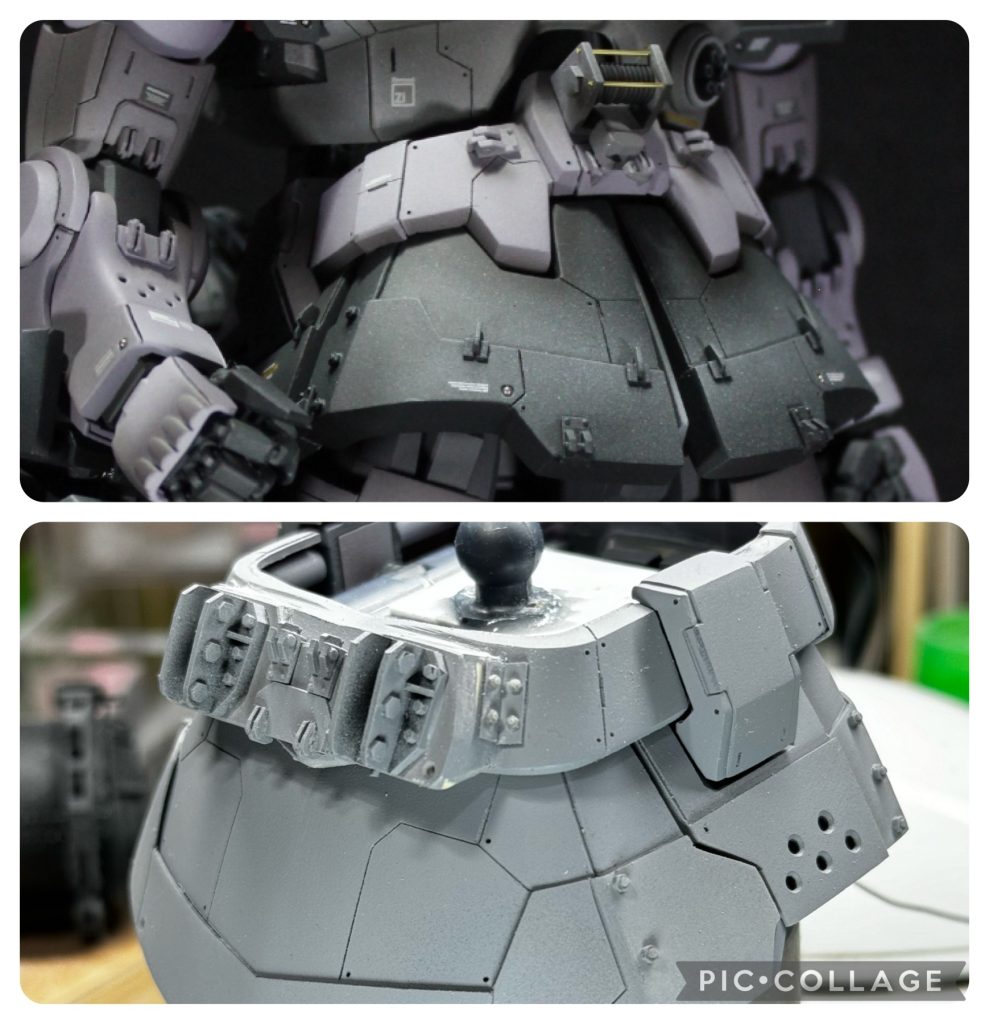腰部のディテールです。スカートをゴシゴシとヤスってエッジを出して角ばった印象にし、プラ板による追加装甲の表現でそれを強調しました。腰の帯の部分は前面にはウインチをつけ、背面には後述するガトリングの弾倉の接続を無理やり作成し、サイドはエッジにまたがるオシャレスジ彫りに挑戦しました。