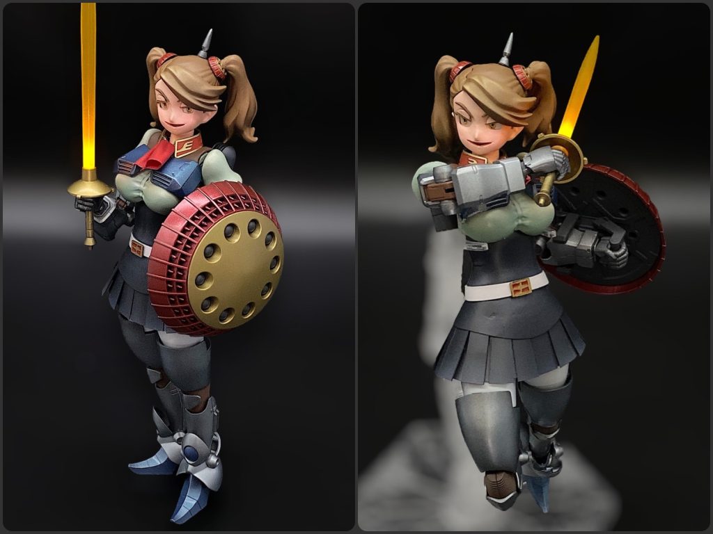 ツノ、足首周り : はいぱーギャン子腕、胸、バックパック、武装 : HGリバイブ版ギャンひざ、スネ : ストームトルーパーツノ付きカチューシャはツノだけ残して位置変更、胸鎧は幅が足りないのでプラ板でアレンジ、腕が短いので二の腕を延長するパーツと、太ももの鎧をパテで制作しています。剣はミライト発光です。