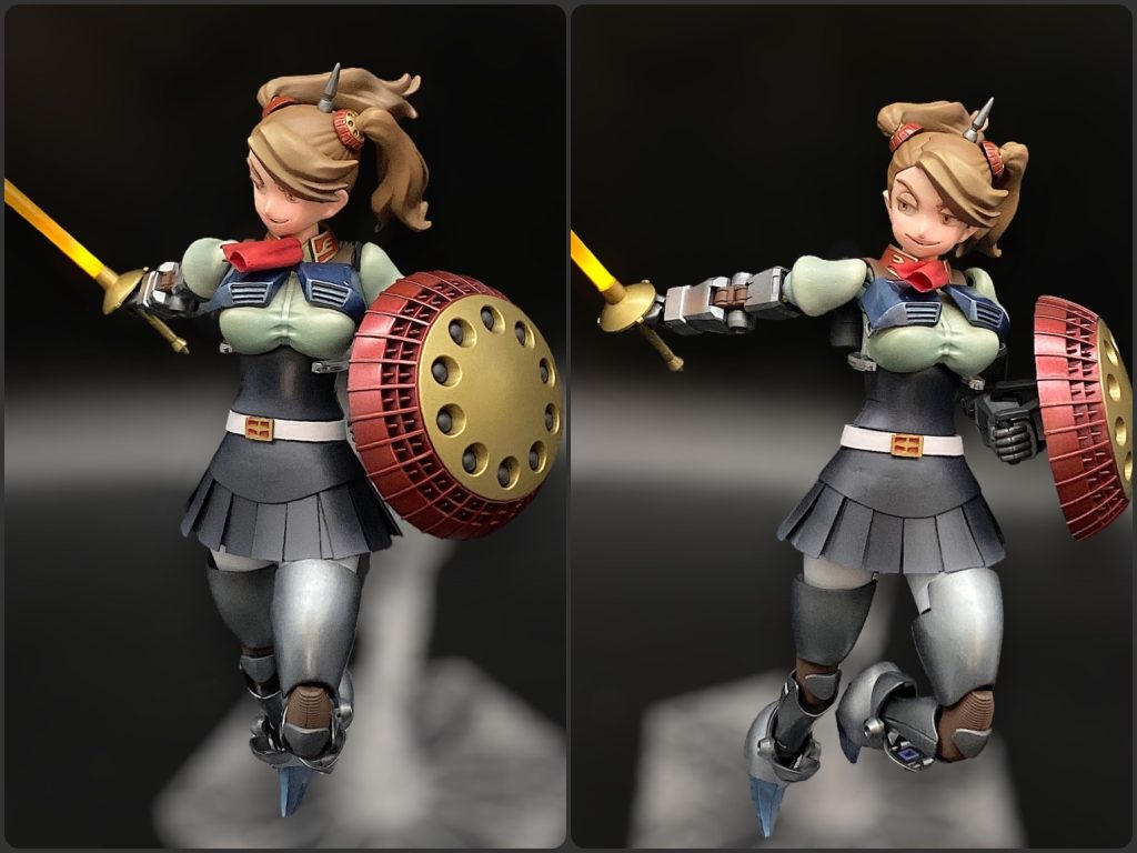 蛇足かとも思いましたが、武装するとポーズが決まること、さすがはガンプラです😃軍服アレンジの制服なのも手伝って、構えると凛とした姫騎士的のようで、あれ?カッコ良いぞ!となりました😊