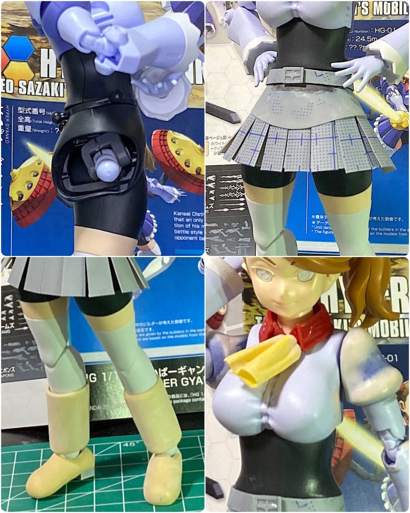 【ボディの改修】各部が干渉して後ろに反れない、そんなのギャン子じゃない!という事です、背中や腰の干渉部を削ると共に、股間スイングを自作。ベルト、スカートをプラ板で作成。ブーツをパテで作成。腕周りを削ったりパテ盛りして整形。スカーフは貼り合わせたマステをクネクネさせて、瞬着パテを筆塗りして硬化、基部はボールジョイントで可動します。