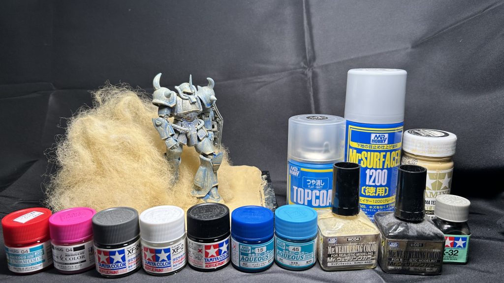 今回使用した塗料です。ウェザリングカラーのサンディウォッシュで汚す前に、ブラックで汚したり、シルバーで塗装剥げ再現したんですが、全然わからなくなってしまいましたがコレも人生。MGの見えない内部フレームのディティールのデザインをする方に比べたら儚いものです。閲覧ありがとうございました。ではまた。