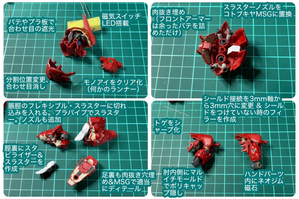 改造箇所1モノアイの電飾腰部スラスターをコトブキヤMSGに置き換え脛裏の肉抜き処理&スタビライザー作成足裏の肉抜き埋め&適当にディテールパーツ配置肩のトゲをシャープ化肘の内側にマルイチ追加ハンドパーツの肉抜き埋め&磁石内蔵