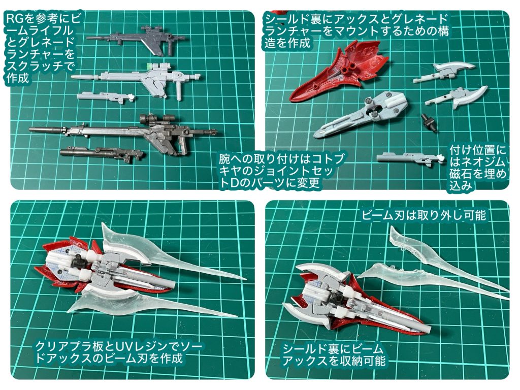 改造箇所2ビームライフルとグレネードランチャーのスクラッチシールド裏のマウントとディテールアップクリアプラ板とクリアレジンでビーム刃を作成
