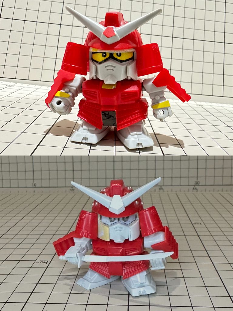 元キットはジャンク品を購入しました。左足とアンテナのベースの幅増し、兜の鋲の別パーツ化、アゴのラインと吹き返し部分の改修、手足の関節位置変更とポーズ変更などなど手を加えています。