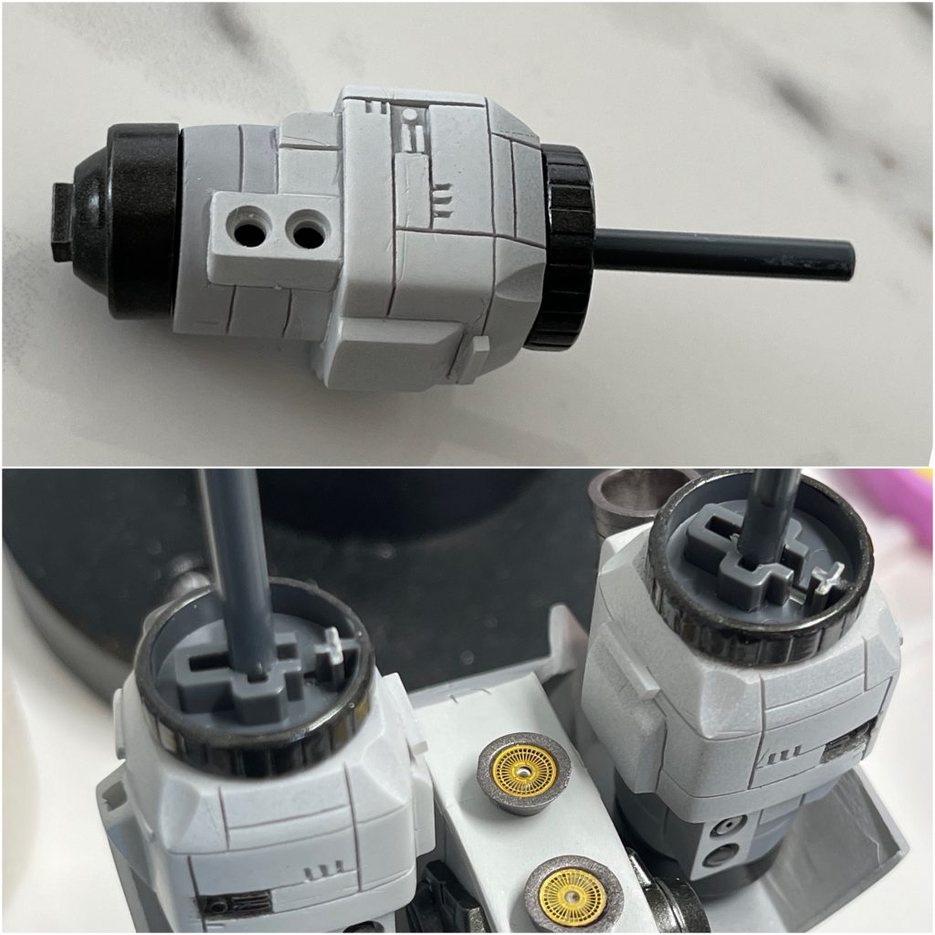 脚の延長は太腿の上にHGアッガイの腕パーツを接続しました。またザクマシンガンのドラムマガジンパーツを使って回転するベアリングっぽく見えるようにしてみました