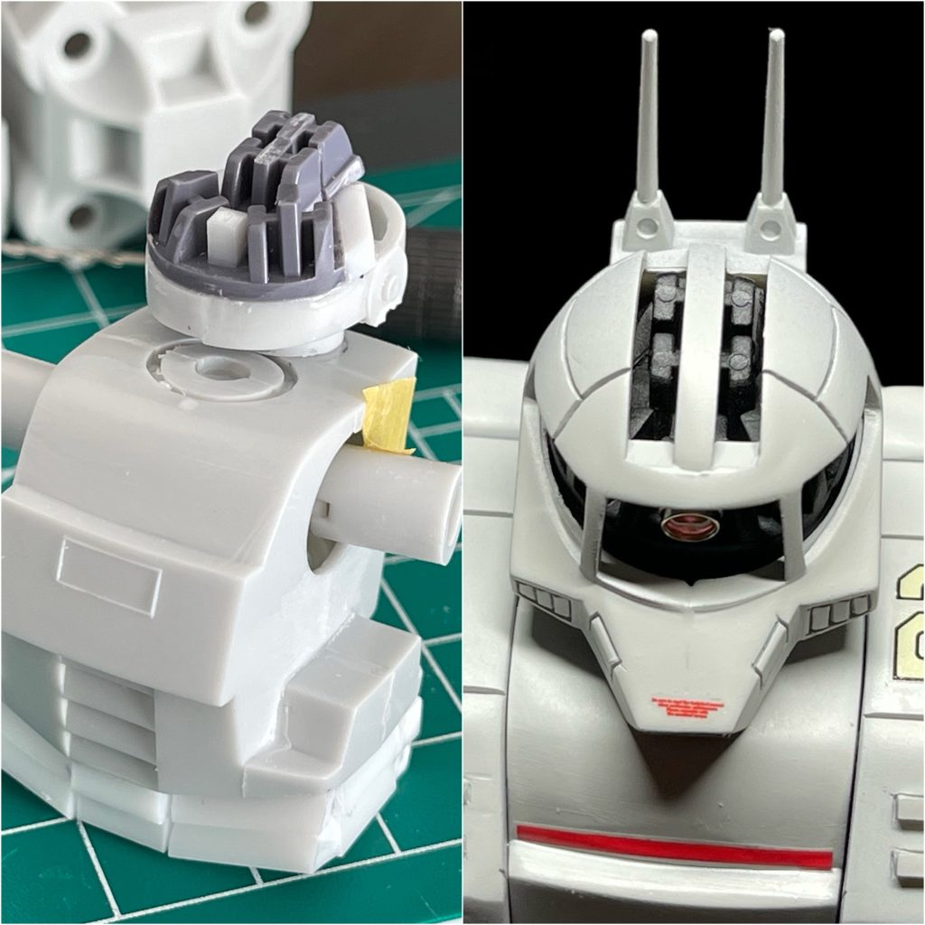 頭部の内部構造はHGアッガイの余剰パーツを適当に切り貼りしました。また頭の位置が前寄り過ぎると思ったので、ギリギリまで背中側にずらしています