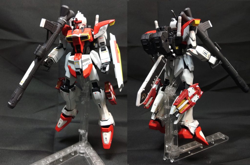 ライトシルエット全体図です。  高機動タイプで脚部をフリーダムタイプの物に変更されている他に機体各所にスラスターが増設されており、素のインパルスより30%程の推力が強化されている。また頭部は指揮官機を想定してジャスティスと同型の多目的センサーユニット装備されていたり、センサーや通信機能が強化されている。