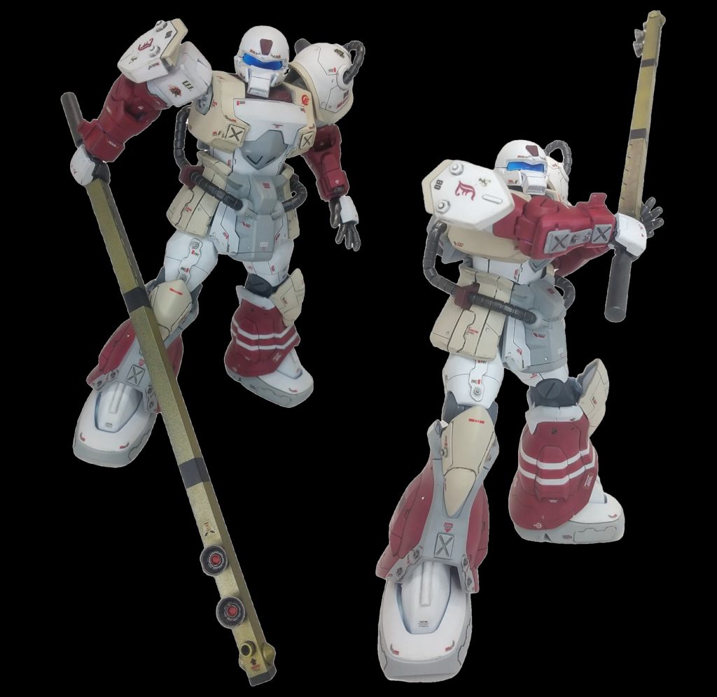 ヘッドをヘルメット風&バイザー(おやじさんのマネ)に変更(グフの余り)新08小隊のリーダーでこの機体のテストパイロット”エイス・デ・ヨバン”中尉は、祖父が極東の国の元SAMURAI JAPANメンバーだったとか🏏