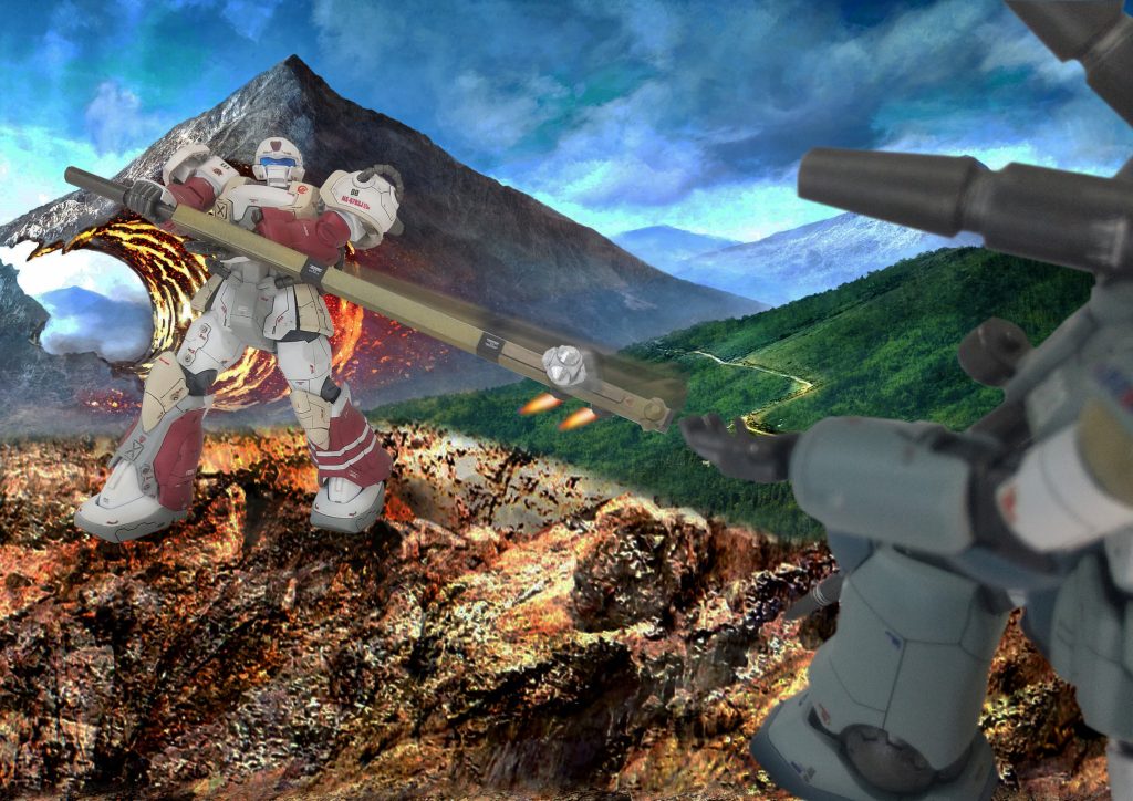 この中距離支援兵器は、ガンキャノンの射程を上回り、お役御免となったガンキャノンは投擲弾をトスする役目となりました😱。インパクト時にブースターでスイングを加速し飛距離を稼ぎます。