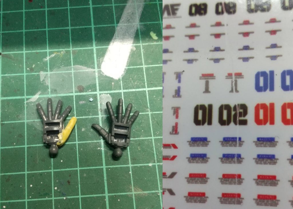 予告するとやらかす案件今回は、平手を左にするため、親指を切って付けなおそうとしたら、親指を吹っ飛ばしてロストしました😭。結局パテで補完。そして自作デカールは、防水スプレーを吹いて外で乾燥していたのですが、2週間放置・・その間に雪も降り、湿って丸まってしまい、平らに伸ばしたら、割れました😭。