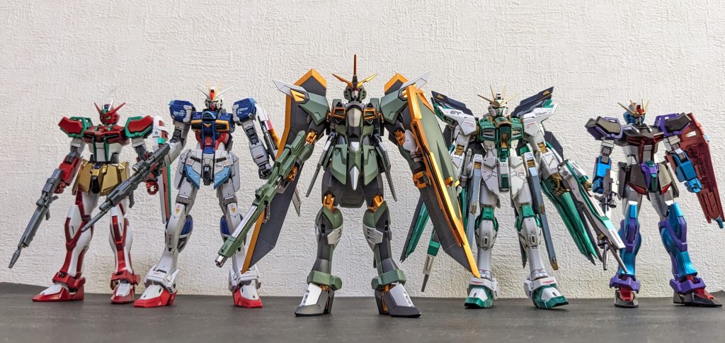 2024.3現在の我が家のSEED系ガンダムスミ入れのみのインパルス以外、ぜ~んぶ好き勝手塗ってます😉