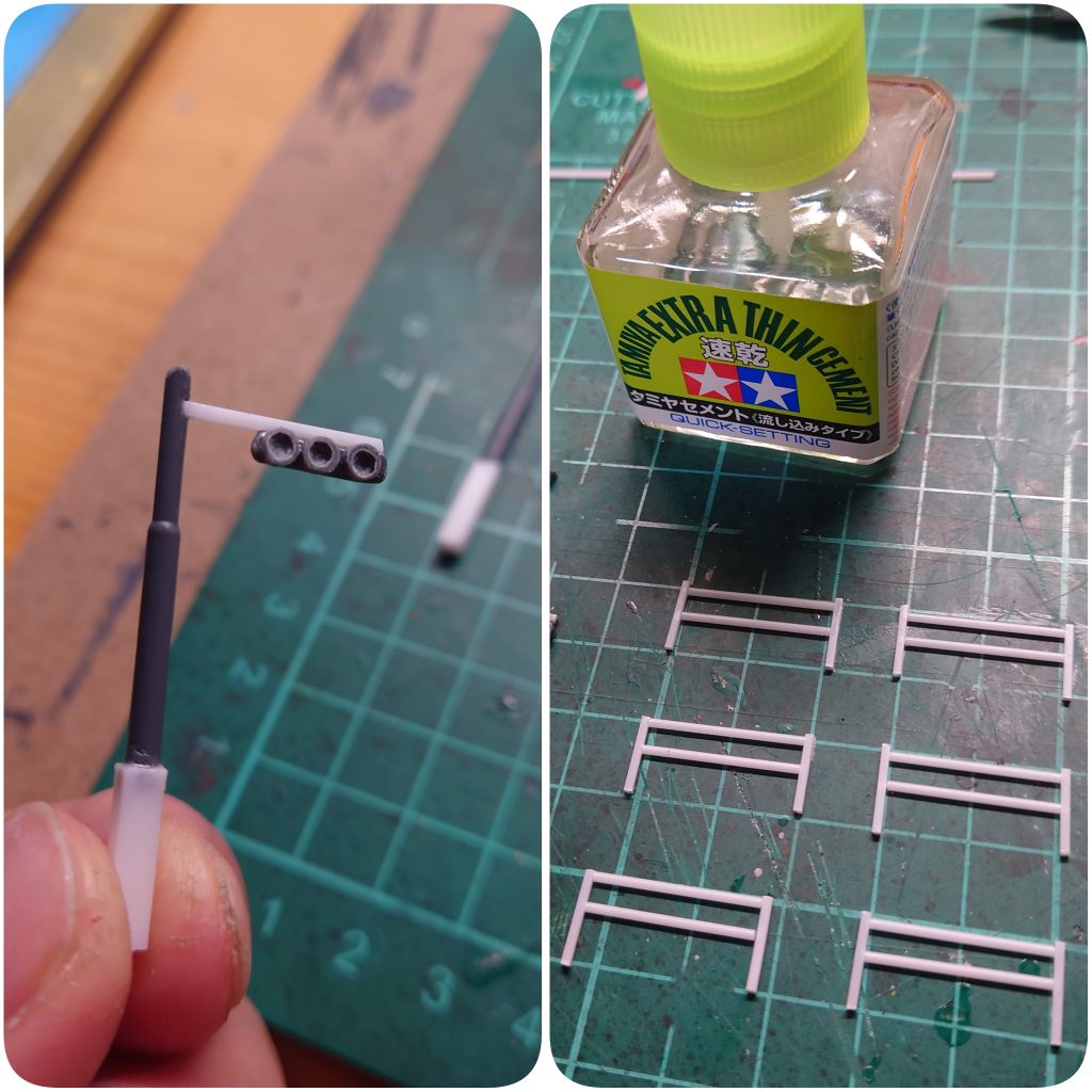 1mmのプラ棒をカットしてガードレールを!ランナーをカットして平らに削り、削った所にまたカットしたランナー3本縦て接着剤で止めて削り穴を空け信号機を作りました!