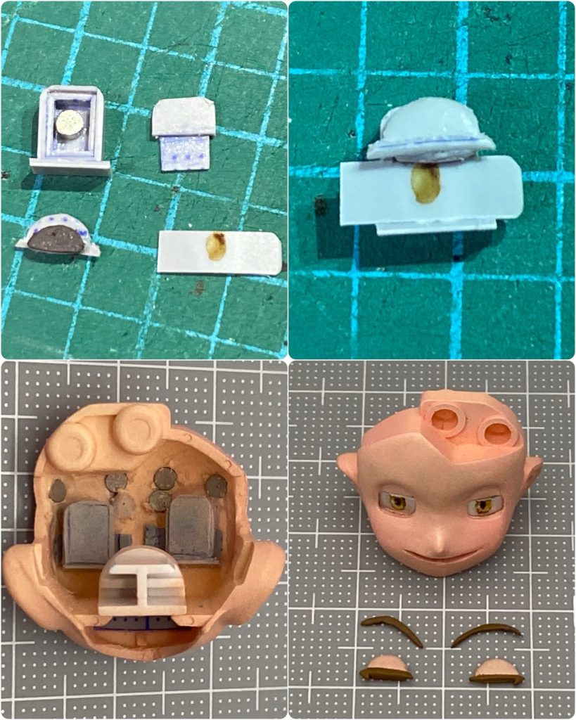 【顔の改修】左上 : 2mmネオジム磁石が上下動できる縦長の箱を作成、0.3mmプラ板の蓋の上半分に0.5mmプラ板を貼ります。まぶたを作り、裏に磁気シートを貼ります。瞳は湾曲させた帯状の0.3mmプラ板です。右上 : 左上のパーツを組み合わせたものです。箱の蓋の下半分のくぼみに、帯状瞳を嵌めて、まぶたを乗せたもので、このユニットが動く目とまぶたになります。左下 : 顔の裏の邪魔な構造物を削り落とします。キット本来のまぶたは切り落とし、目とまぶた部分の穴に一旦瞳とまぶたを外したユニットをはめ込みます。帯状瞳を横から差し込むので、ユニットと顔の裏の間に隙間を残しています。眉毛を固定するための磁石は、ピンバイスで穴を開けて埋め込んだだけです。右下 : ユニットの上半分と顔の境目に瞬着パテを盛り、自然な形に整えて、前からまぶたを磁力で貼り付けます。同様に細く切ったプラ板に磁気シートを貼った眉毛も磁力で貼り付けて、動く顔の完成です😃