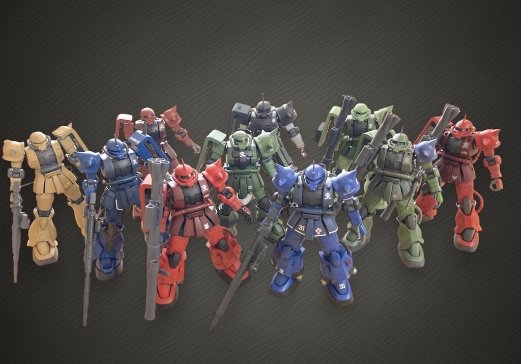 全10体の大集合写真です。ぼぼオリジン版のザクですが、F2や      HGの高機動型ザク(後ろのセンター)もいます