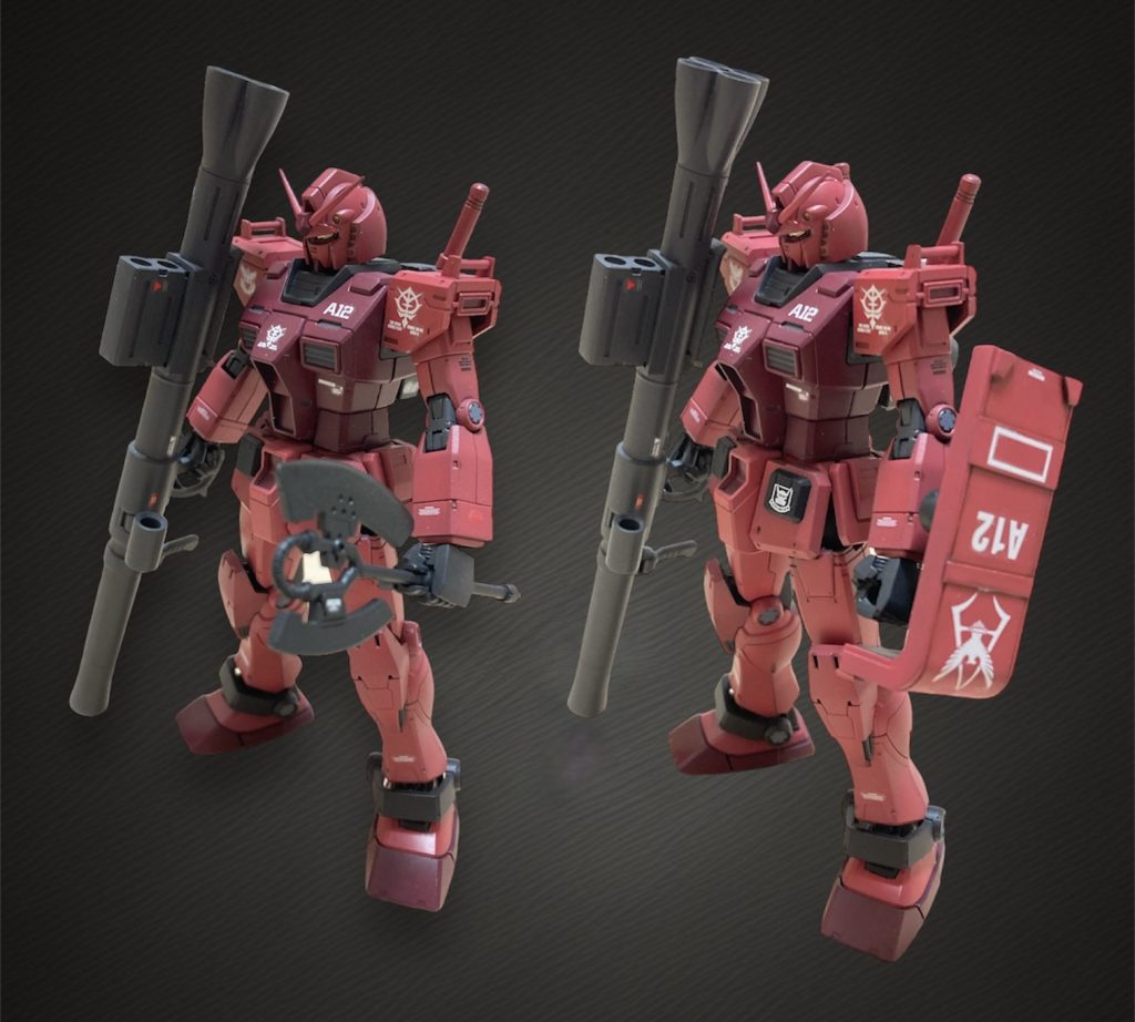 武装は他にもジオン製の兵器としてザク定番の シールドとヒートホークも作製しました。 ザクシールドは左腕後ろの穴を使って固定出来るように余剰部品を使って改造しました