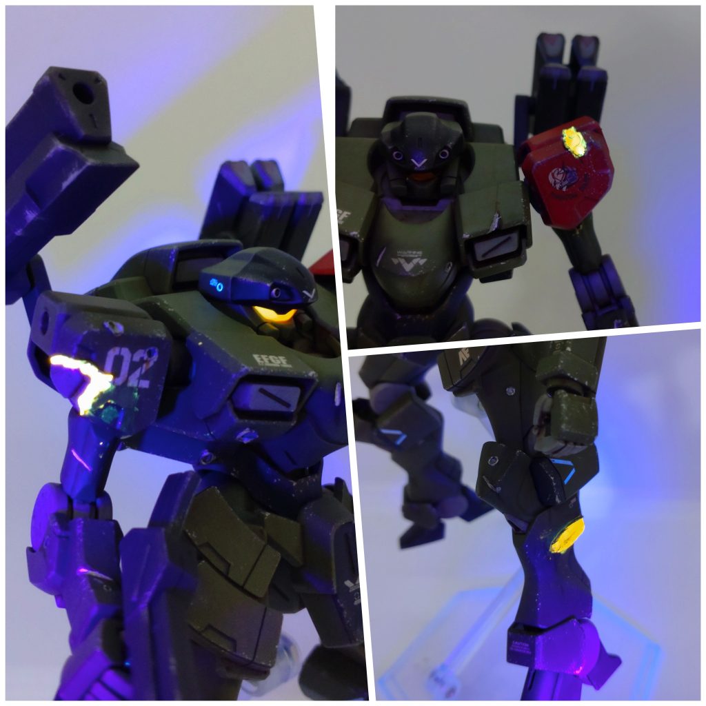 バイザー発光＆ダメージ加工してみました。今回はむ〜たんさんのアドバイスで蛍光オレンジを塗ってみました。少しはビームで溶けた感じが出せた気がします✨今後は、より深みのある塗装を目指します🔥