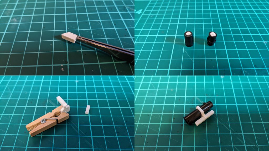 左上:電線を差し込む部分をプラ板と棒で作成。右上:スコープを丁度いい何かのプラゴミから調達。取付できるようにプラ板を埋め込み。左下:スコープのマウントをプラ板と棒で作成。右下:組み合わせ後。接着剤だけでは取れそうなので、細いプラ棒を貫通させて組んでいます。