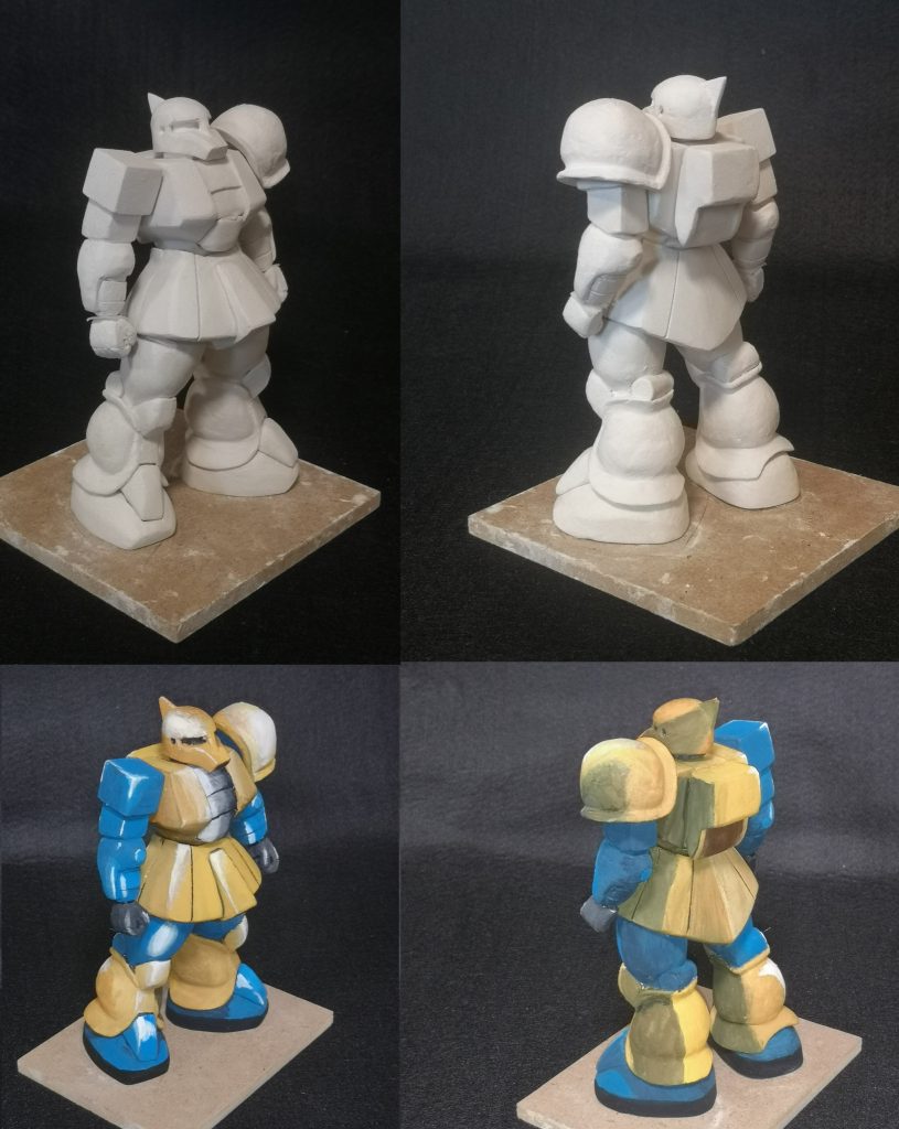 肘はガワラ曲げをイメージして脚部もふくらはぎの丸みは結構、気に入ってます。正面から見えないのが残念今回、初めて粘土という素材を使って、一から造形してみて思ったのが、プラモデルって凄いんだな!って事とプロの造形師さんってやっぱり凄いんだな!!ってことですね。あとは簡単に盛れて削れるので、納得のいくまで出来るけど何時までたっても納得できないので、どこで終わりにするのかが難しい。でも、作っていて楽しかったので、またチャレンジしたいですね