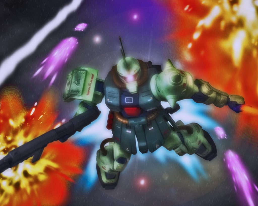 「始まったな…」キリュウはブラボー、チャーリー各小隊が宇宙艦ドッグへ攻撃を始めるのを確認すると、自身も対空砲火の嵐へ飛び込んでいく。「露払いは任せてもらおう!」ビームガトリング砲からの攻撃をものともせず回避すると迎撃に来たジムを複数見つける。(思ったより連邦軍はMSの量産体制が整っているようだな…)確認したのは4機のジムで、他にも無人哨戒艇のD−SIがいる。ジムはキリュウのザクを見つけると一斉に射撃を開始する。しかし経験と練度の差から弾は掠りもしない。