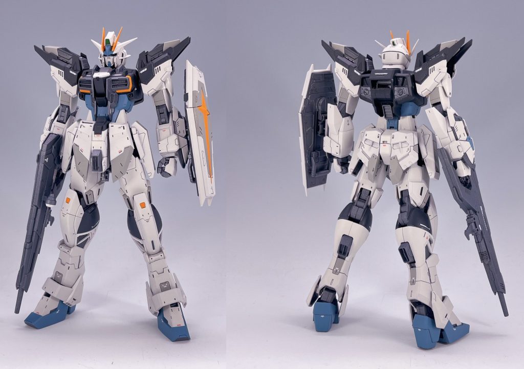 本体は見た目大きくいじってないですが頭部一部合わせ目消しに分割変更ツインアイ新造アンテナシャープ化腕部スジボリ追加フロントアーマーをインパルスに戻して先端プラ板でシャープ化ビームライフル銃口をインパルスのライフル銃口と置換エクスインパルスのフロントアーマーをリアアーマーとして移設インパルスだけどバックパックがライジンストライカーベース故ストライカーコネクタ使用
