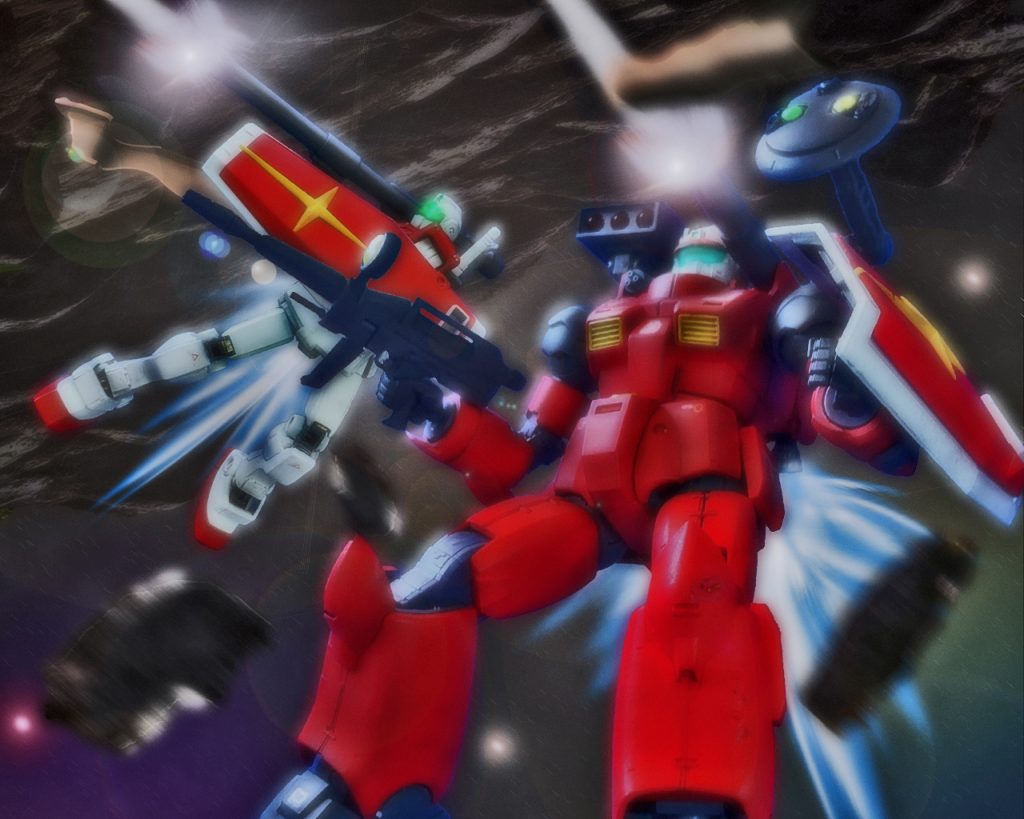 「ネイマン!下がって!」その声を聞くと先行指揮官用ジムはビームサーベルでザクを払うと後方に下がった。すると下方から狙っていたレイド・グレイス少尉のガンキャノンV.C.が砲煙を上げながら240mmキャノンで狙い撃つ。続けて僚機のジムも380mm口径のハイパーバズーカを放つと真っ直ぐに伸びる白煙はザクFZに向かった。