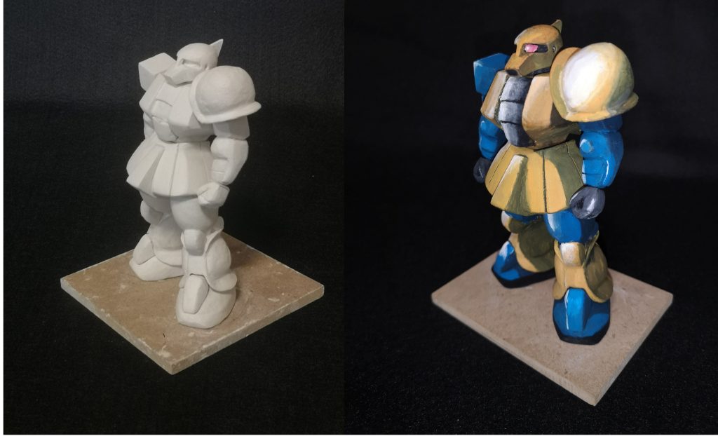 before⇔after塗装はアクリルガッシュのみで行いました。本当はマーキングも入れたかったのですが断念。アクリルガッシュはマジックリンで拭き取れるので、一度、ラッカークリアをかける。→マーキングに挑戦!としたのですが、修正をかけようとしたら表面がザラザラしているせいで上手く拭き取れず・・・一発勝負は怖くてできませんでした。